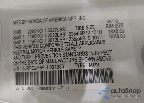2020 Acura Rdx Technology Package z USA, uszkodzony, nr VIN 5J8TC2H59LL001636